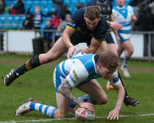 Joe Keyes goes over for Halifax Panthers in their big Challenge Cup win over Whitehaven. (Photo credit: Simon Hall).