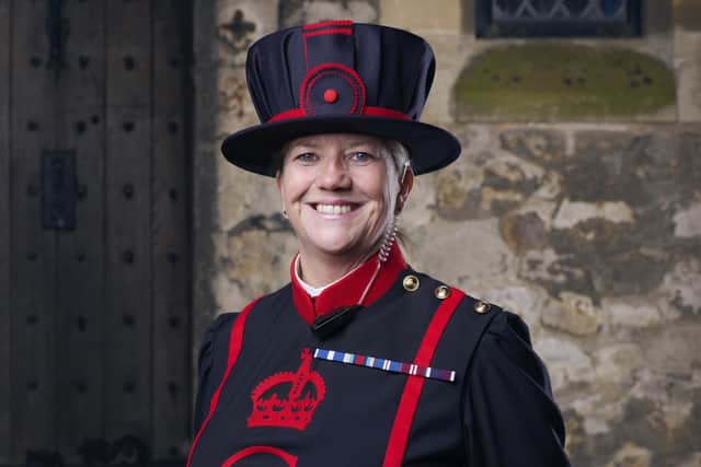Halifax's Lisa Garland on her first day in uniform at]s a Beefeater at the Tower of London