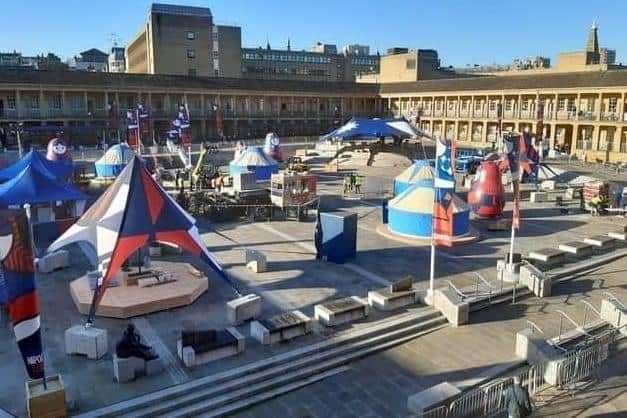 Film crews setting up for Marvel's Secret Invasion in The Piece Hall in Halifax