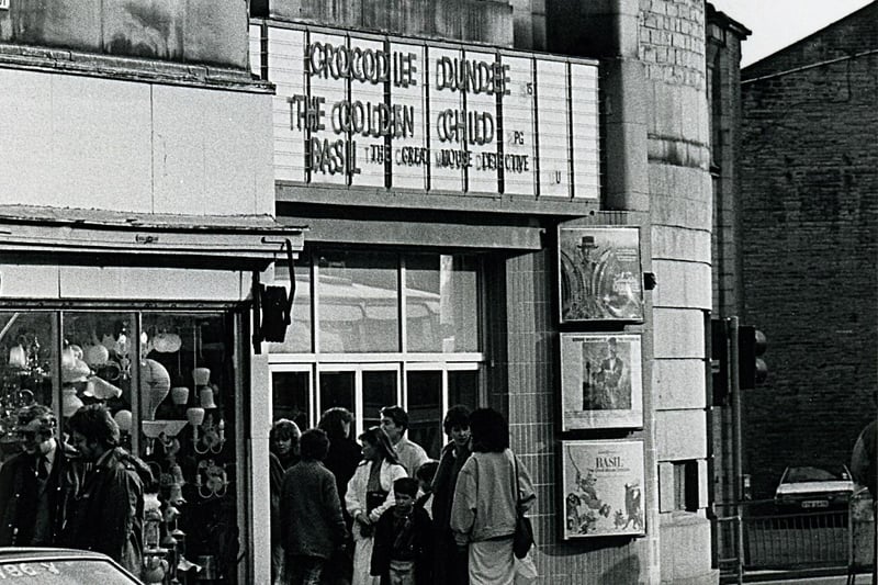 ABC cinema, Wards End, Halifax circa 1987 and showing 'Crocodile Dundee', 'The Golden Child' and 'Basil, The Great Mouse Detective'