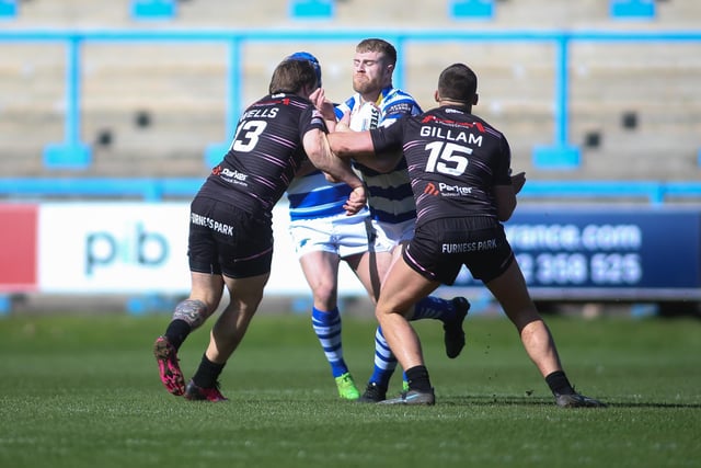 1. Action from Halifax Panthers' win over Barrow Raiders at The Shay, on Sunday, April 2, in the fourth round of the Challenge Cup. (Photo credit: Simon Hall)
