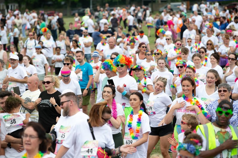 The big warm-up before the Overgate Hospice Colour Run on Savile Park, Halifax