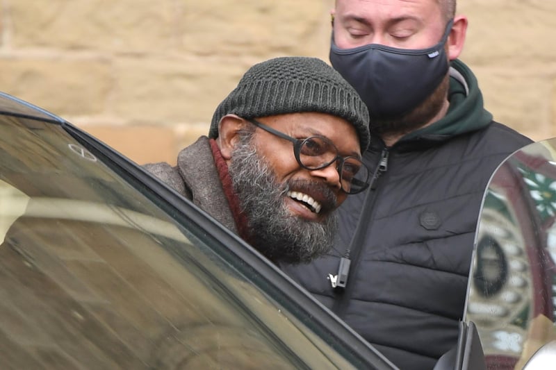 Samuel L Jackson seen on set during filming of the Marvel Disney Plus series Secret Invasion at The Piece Hall