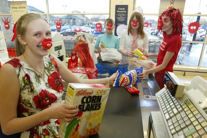 Rastrick High school pupils who will be packing shoppers bags for Red Nose Day at Sainsbury's, Brighouse, back in 2003