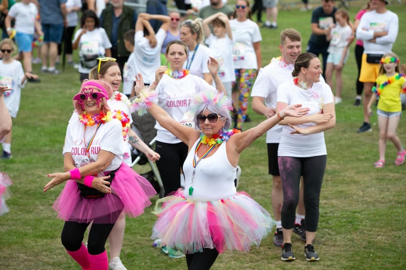 The big warm-up before the Overgate Hospice Colour Run on Savile Park, Halifax