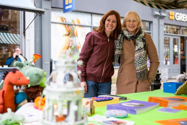 Dragons of Wainhouse Tower author and illustrators, Sarah Stone and Sue Cordingly, at the markets on Southgate for launch of Culturedale in Halifax