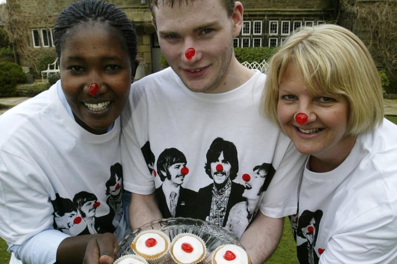 Members of the staff of Holdsworth House, celebrating Red Nose Day event.  From the left are, Fridah Momanyi, Charlie Rossall and Lisa Bower.