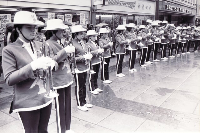 The Jordanaires marching band performing on the Moor in Sheffield, on October 1983