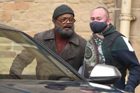 Samuel L Jackson seen on set during filming of the Marvel Disney Plus series Secret Invasion at The Piece Hall on January 26, 2022 in Halifax (photo by Gerard Binks/Getty Images)