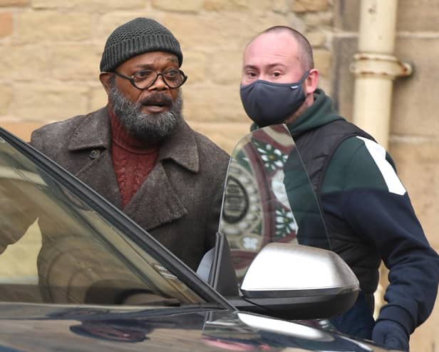 Samuel L Jackson seen on set during filming of the Marvel Disney Plus series Secret Invasion at The Piece Hall on January 26, 2022 in Halifax (photo by Gerard Binks/Getty Images)