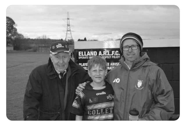 Maurice, left, with his son Adam, right, and grandson William on his debut at Elland ARLFC.