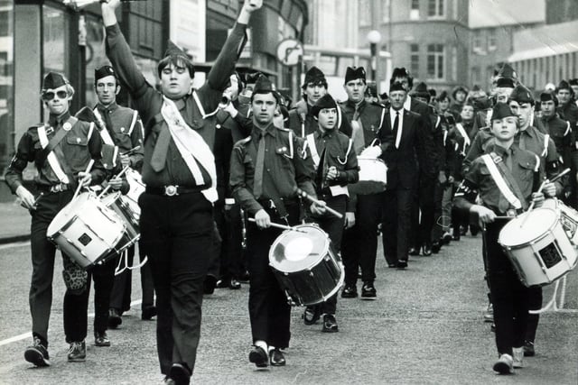 Members of the Boys' Brigade march to Sheffield Cathedral where the Founders Day service was held in 1983 to celebrate the centenary of the movement which was formed by William Alexander Smith in 1883