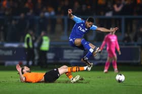 HALIFAX, ENGLAND - MARCH 20: Aaron Cosgrave of FC Halifax Town is challenged by Oliver Banks of Chesterfield during the Vanarama National League match between FC Halifax Town and Chesterfield at The Shay on March 20, 2024 in Halifax, England.  (Photo by George Wood/Getty Images)