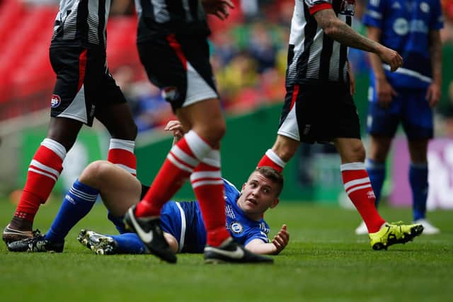 LONDON, ENGLAND - MAY 22:  Jake Hibbs of FC Halifax Town appeals for a penalty during the FA Trophy Final match between Grimsby Town FC v FC Halifax Town at Wembley Stadium on May 22, 2016 in London, England.  (Photo by Joel Ford/Getty Images)