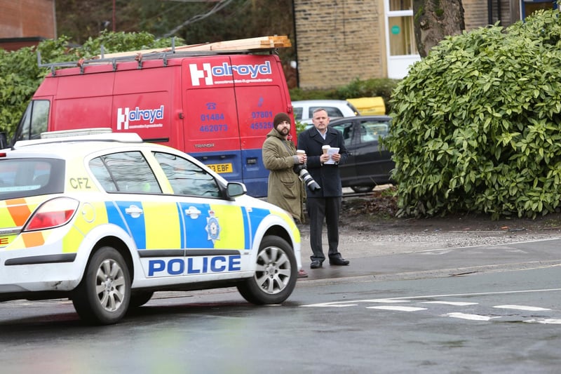 Filming scene for Happy Valley series one outside Sowerby Bridge police station.