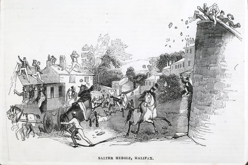 Rioting in Salterhebble, Halifax, England, during a labour dispute, 1842. The town was the scene of much rioting during the previous week, which was only quelled by the soldiers clearing the streets at the point of the bayonet. The magistrates had taken every precaution to preserve the peace, by ordering a troop of Lancers and Hussars from Leeds, in addition to which they had the assistance of a part of the 61st regiment of infantry, and a considerable number of special constables. The concourse of people which has been computed at not less than from 15,000 to 20,000, came from the neighbourhood of Bradford, Hebden Bridge, Todmorden, and there were some women who had even walked from Oldham. There were at least 5000 from Hebden Bridge; and they entered the town singing the hundredth psalm, the women forming the middle portion of the procession