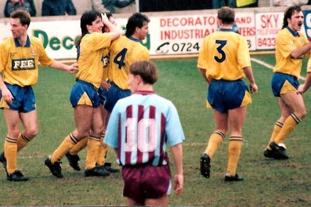 Nick Richardson congratulated after scoring Town's first against Scunthorpe, March 23, 1991