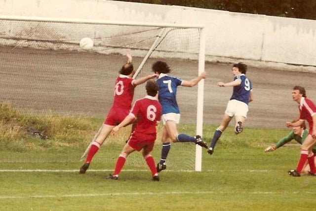 Franny Firth scores for Halifax at home to Scunthorpe in September 1980