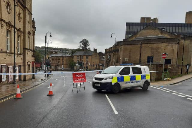 One of the police cordons in Halifax town centre on Sunday morning