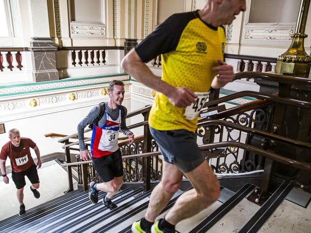 Halifax Urban Trail run through the town's iconic landmarks for Overgate Hospice. Halifax Town Hall.