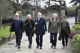 Former leader of the Labour Party Jeremy Corbyn (centre) arrives at the Alice Mahon remembrance service at Halifax Minster.