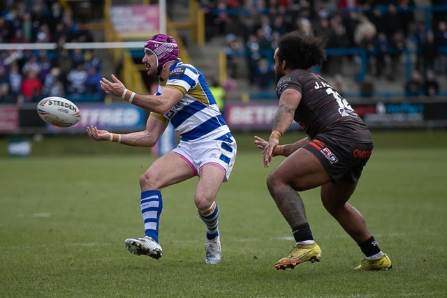 2. Louis Joufrett of Halifax makes a pass during the Betfred Championship match between Halifax Panthers and Sheffield Eagles