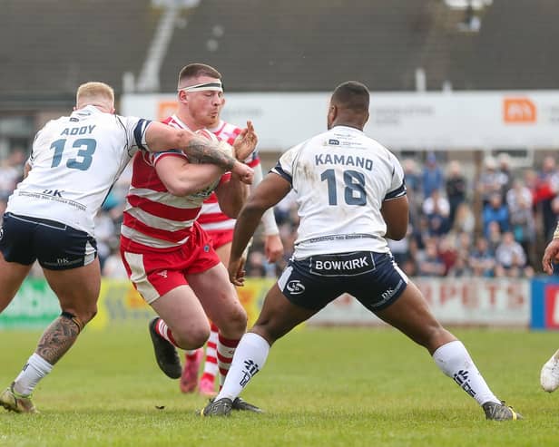 Action from Featherstone Rovers v Halifax Panthers. Photo by Simon Hall.