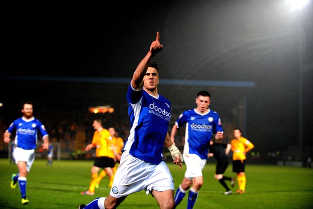 Town's Lee Gregory celebrates his penalty in Town's first-leg win in the 2014 semi-final with Cambridge