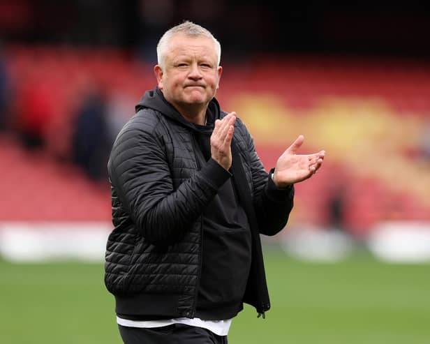 WATFORD, ENGLAND - MAY 08: Watford manager Chris Wilder applauds the fans at the end of the game during the Sky Bet Championship between Watford and Stoke City at Vicarage Road on May 08, 2023 in Watford, England. (Photo by Richard Heathcote/Getty Images)