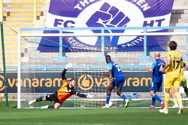 Actions from FC Halifax town v Southend at the Shay. Southend score past Sam Johnson