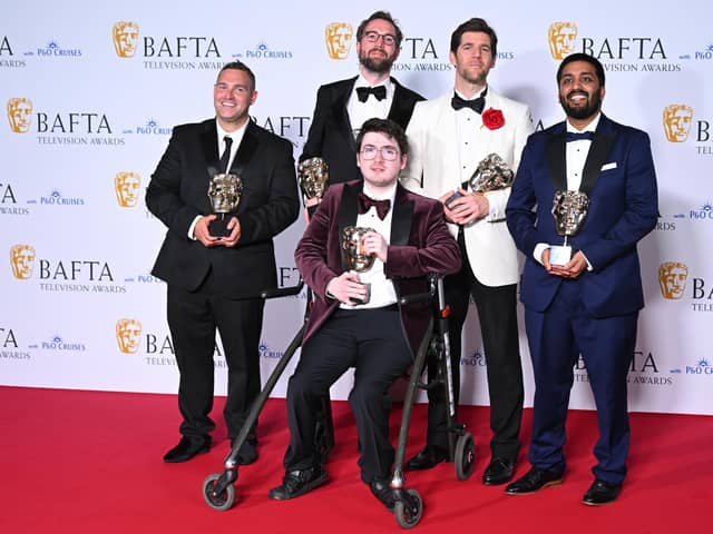 Jack Carroll and production crew pose with the Short Form Award for 'Mobility' in the Winners Room during the 2024 BAFTA Television Awards with P&O Cruises at The Royal Festival Hall. (Photo by Joe Maher/Getty Images)