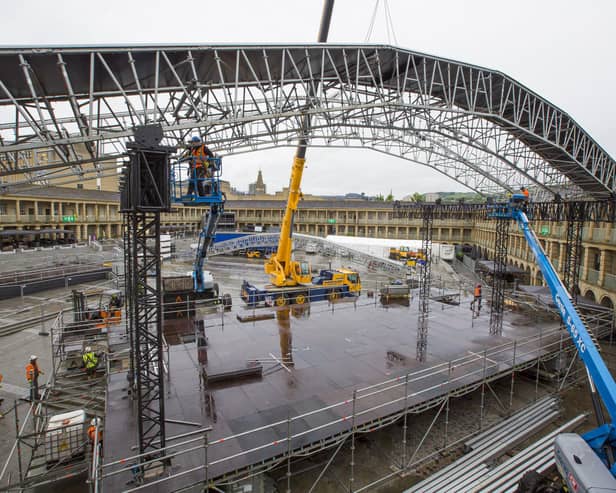 Stage for concerts under construction at The Piece Hall.