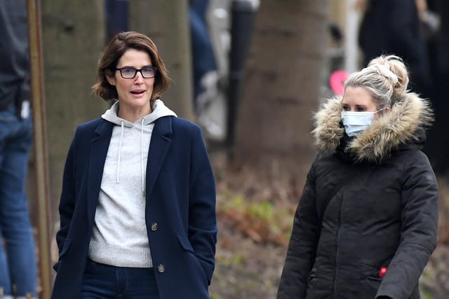 Cobie Smulders (L) seen on set during filming of the Marvel Disney Plus series Secret Invasion at The Piece Hall (Photo by Gerard Binks/Getty Images)