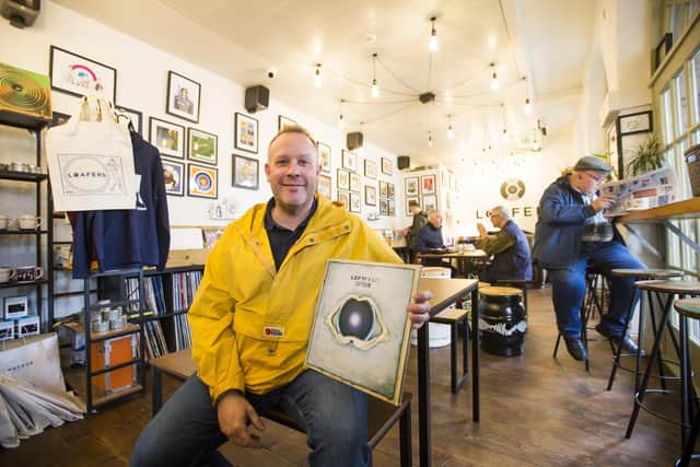 Mark Richardson at Loafers record shop and cafe at The Piece Hall in Halifax.