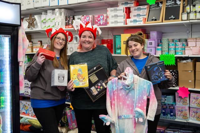 Chloe Wray, Sally Lee and Michelle Sunderland at OJ's Savings which opened on Crown Street in Halifax town centre in November