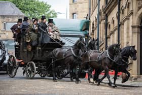 The BBC’s Gentleman Jack being filmed in Little Germany, Bradford in 2018 – one of the locations visited by a treasure hunt of film locations in the city. Picture: Darren O'Brien/Guzelian
