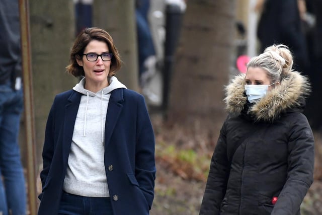 Cobie Smulders seen on set during filming of the Marvel Disney Plus series Secret Invasion at The Piece Hall (Photo by Gerard Binks/Getty Images)
