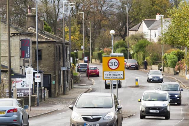 The A6036 Bradford to Halifax road approaching Northowram from Shelf.  Ward councillor Martin Hey has called for speed limits to be brought down to 30mph for more stretches of Bradford Road.
