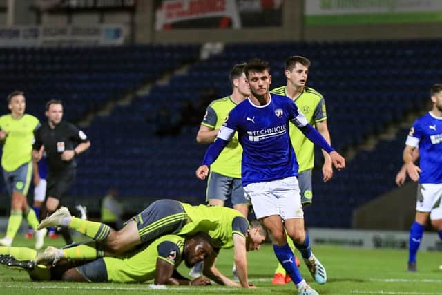 Chesterfield's Joe Rowley scores late on to make it 2-3. Chesterfield 2-3 FC Halifax Town. Picture: John Hobson/AHPIX LTD.