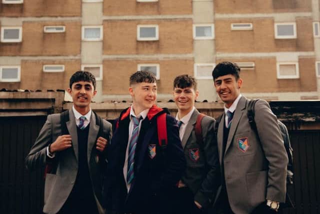 Naveed (Gurjeet Singh), Jordan (Samuel Bottomley), Cory (Sam Retford), Riz (Nohail Nazir Mohammed). Image:Edward Cooke/Channel 4