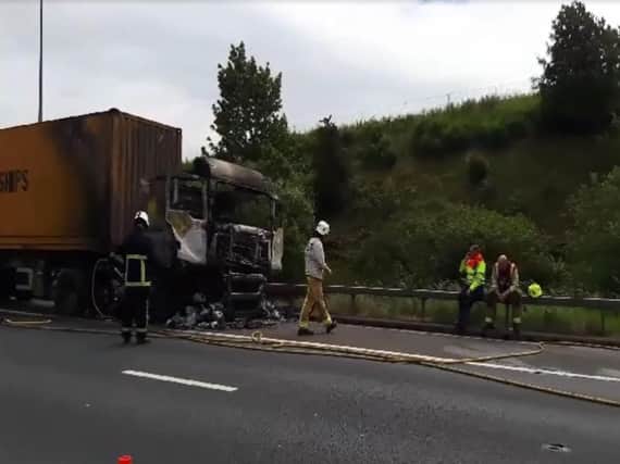 Vehicle fire on M62. Video by Lisa Hirst