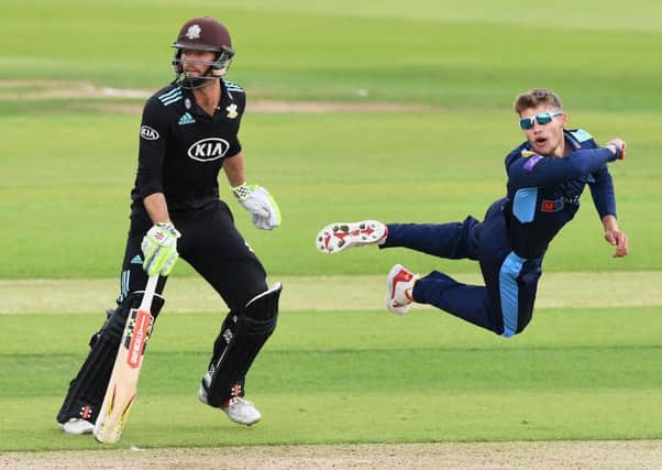 Karl Carver attempts an acrobatic caught and bowled on Kumar Sangakkara.
Yorkshire v Surrey.  Royal London One Day Cup.   Quarter Final.  13 June 2017.
Picture Bruce Rollinson