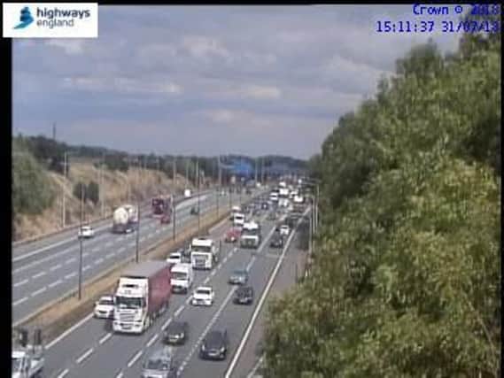 Traffic building up on the M62 westbound carriageway between junctions 26 and 27. Picture: Crown 2018