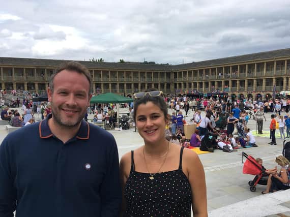 Tenant Mark Richardson and Piece Hall Head of Events Molly Rigg at the Piece Hall celebrations.