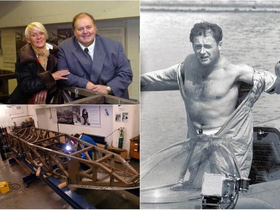 Gina Campbell collects the chassis of Bluebird from John Getty of PDS Engineering, top left, Donald Campbell died in 1967 at Coniston Water, right