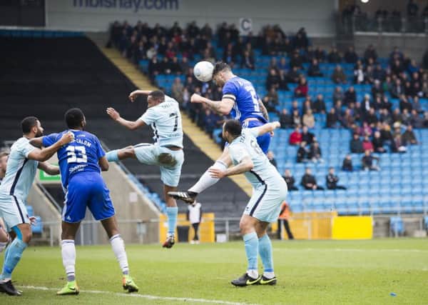 Matty Brown heads Halifax in-front against Boreham Wood at The Shay last season