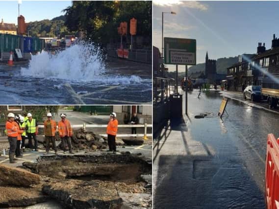 The water main burst and repair work in Mytholmroyd (Pictures West Yorkshire Police and Calderdale Council)