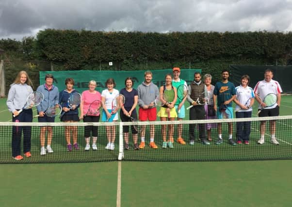 Calderdale Tennis :League finals
On the photo they are (from left to right): Fiz Raud, Sarah Whipp, Jo Hinchliffe, Ann Rushworth, Helen Brown, Rebecca Hodgson, James Hodgson, Ruth Woodcock, Alasdair Whiteley, Burhan Khalid, Glenys Webster, Irfan Khalid, Suzanne Oulton and Peter Metcalfe.