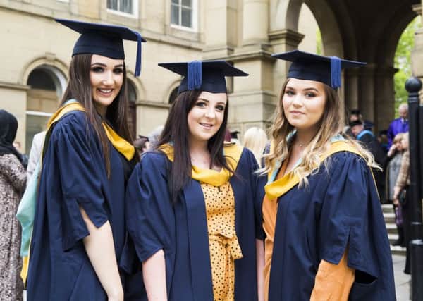 Calderdale College graduation parade. From the left, BA Hons Performing Arts graduates Tyla Harrison, Holly Branscombe and Tiffany Jade.
