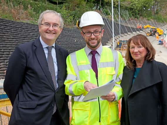 Jonathan Taylor, Chris Hoesli Calderdale Councils West Yorkshire-plus Transport Fund Programme Manager, and Cllr Kim Groves, at the Salterhebble site (1)